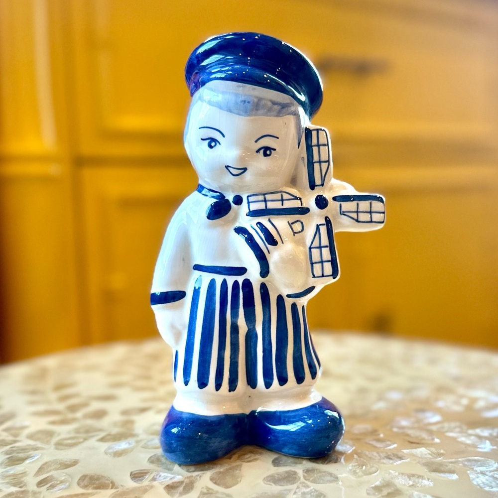 Vintage Delft Blue - Hand Painted in Holland - Boy w/ Windmill Toy - Bank